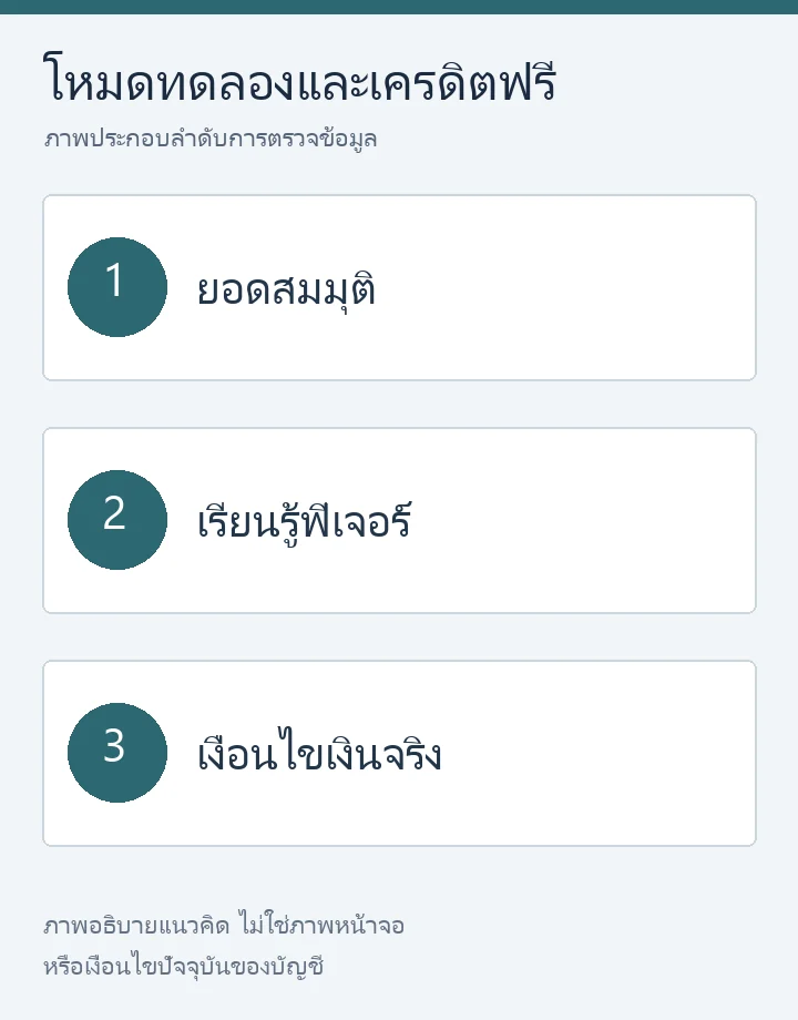 แยกโหมดทดลองจากเครดิตฟรี: ยอดสมมุติ ฟีเจอร์ และเงื่อนไขเงินจริง