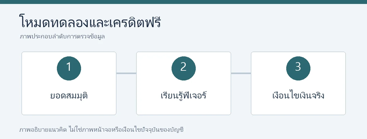 แยกโหมดทดลองจากเครดิตฟรี: ยอดสมมุติ ฟีเจอร์ และเงื่อนไขเงินจริง