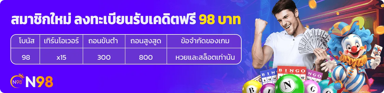ภาพโปรโมชั่นลงทะเบียน N98 เครดิต 98 บาท พร้อมตารางเทิร์นโอเวอร์และช่วงถอน